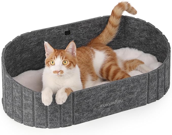 FUKUMARU Cat Beds for Indoor Cats, 24 Inch Large Cat Couch Bed with Cozy Faux Rabbit Fur Cushion, Felt Cats House Sofa in Oval Shape, Grey