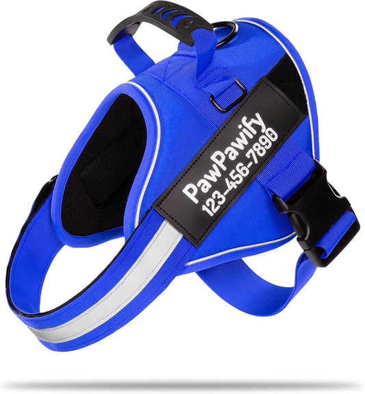 PawPawify Custom No Pull Dog Harness with Name and Phone Number, Heavy Duty Personalized Pet Vest to Prevent Tugging, Pulling, or Choking, Training and Walking (New Blue, XXL (85-140 LBS))