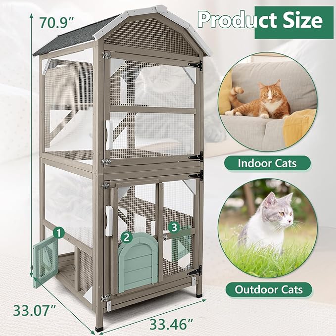 71" Catio Outdoor Cat Enclosures Cat House Waterproof, Indoor Kitty Patio Cage Condo Attachable Window with 3 Platforms Resting Box