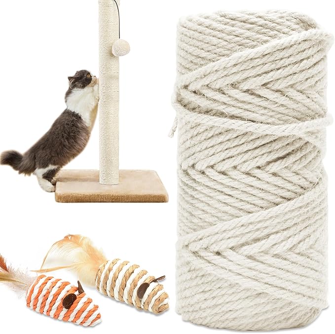 164FT/50M Cat Scratching Sisal Rope, 6mm Thick Natural Jute Rope for Scratch Posts, Cat Trees, DIY Projects, Sisal Rope for Cat Scratcher with 2 Cat Mouse Toys (White, 164ft)