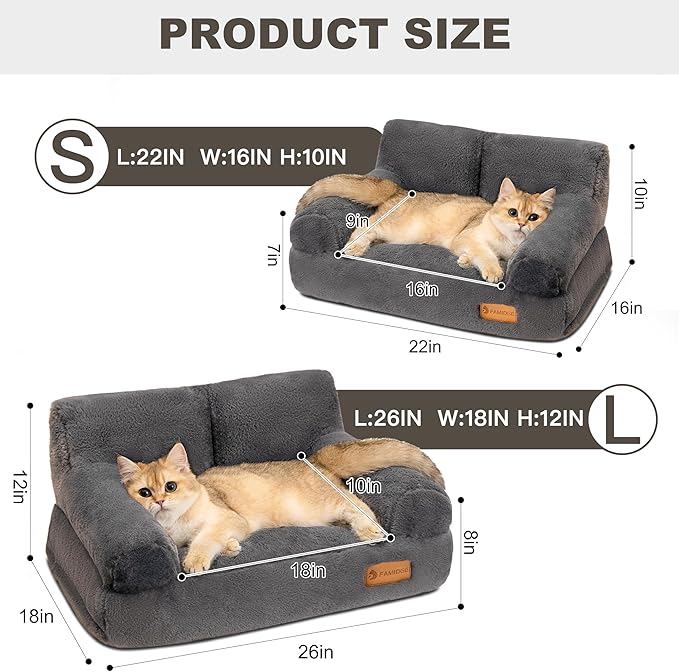 Cat Couch Bed - Cat Bed for Indoor Cats, Calming Pet Sofa Puppy Sleeping Bed with Removable Washable Cover, Cute Dog Couch and Kitty Lounge Chair for 20lbs Cats & Small Dogs(Dark Grey)