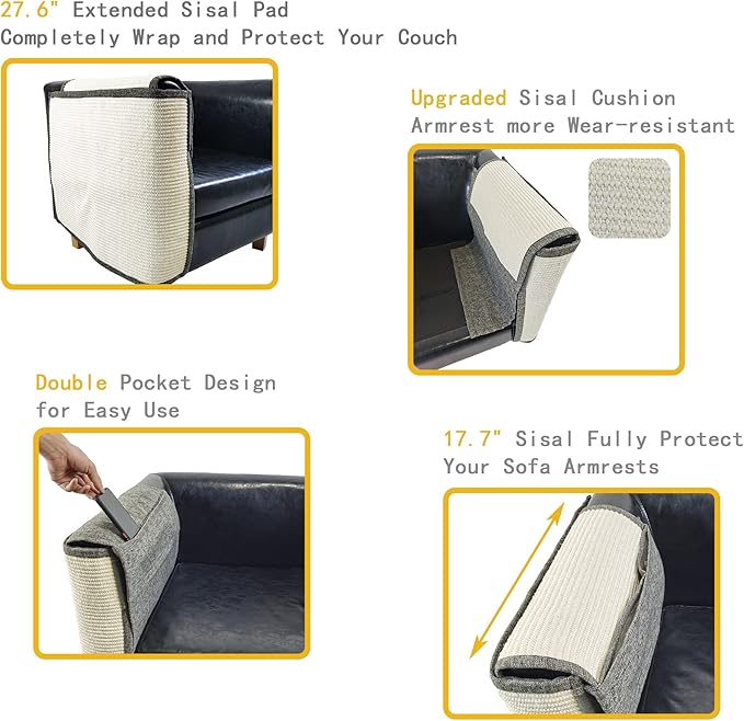 Fully Wrapped Cat Scratcher Couch- Natural Sisal Furniture Protection from Cats-Corner cat Scratcher for Couch Bed,Chair-Easy Installation