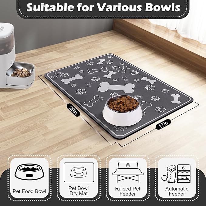 Pet Feeding Mat,Rapid Absorbent Mats for Dog Cat Food, Dog Placemat Water Bowl Mat with Rubber Backing,Messy Drinkers to Protect Floors, Pet Accessories 17"×29" Dark Grey