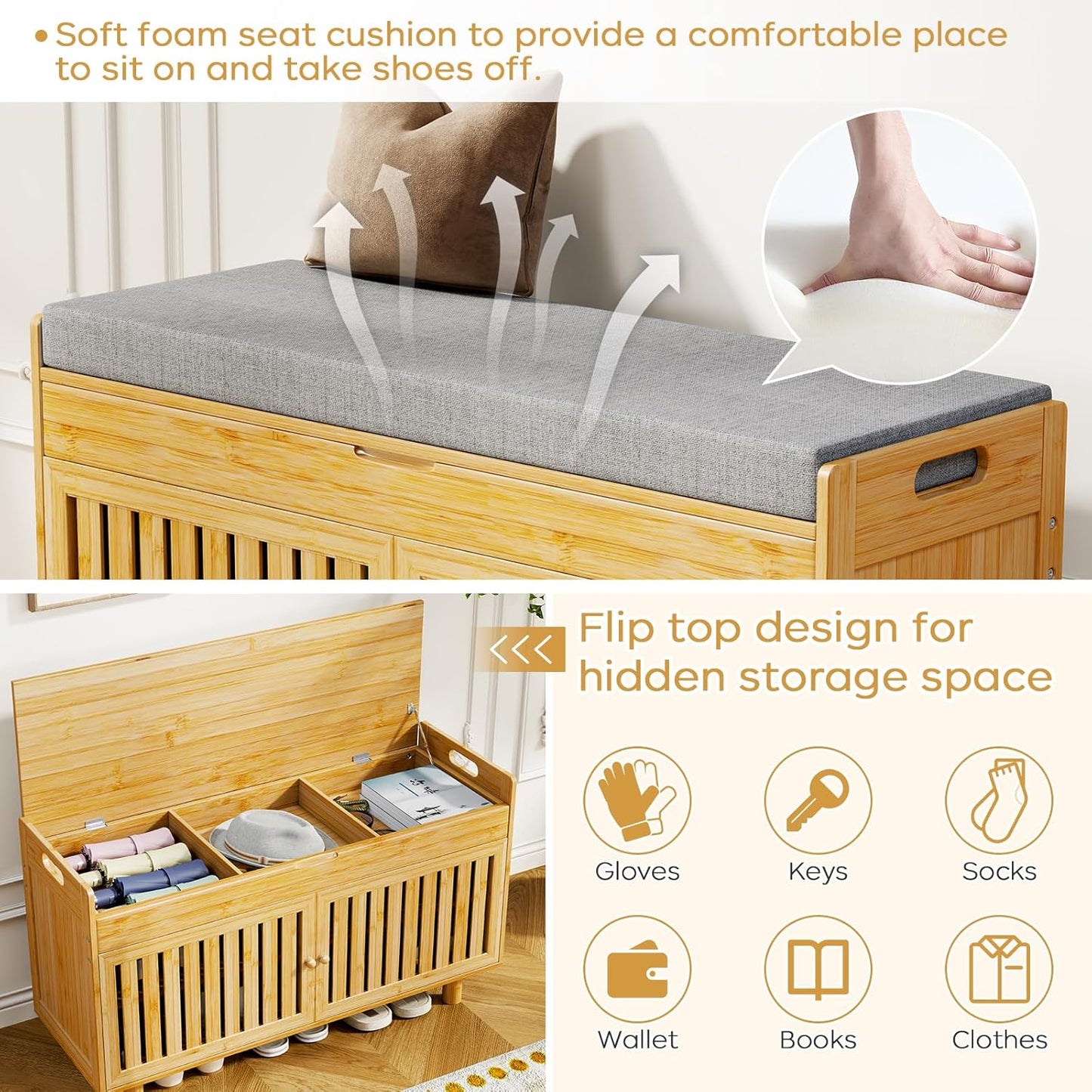 Coat Rack Shoe Bench Set, Bamboo Shoe Storage Bench with Seat Cushion & 5 Hooks, Hall Tree Entryway Bench with Lift Top Hidden Storage, 35.4" W x 12.6" D x 19.7" H, for Entryway, Living Room, Bedroom