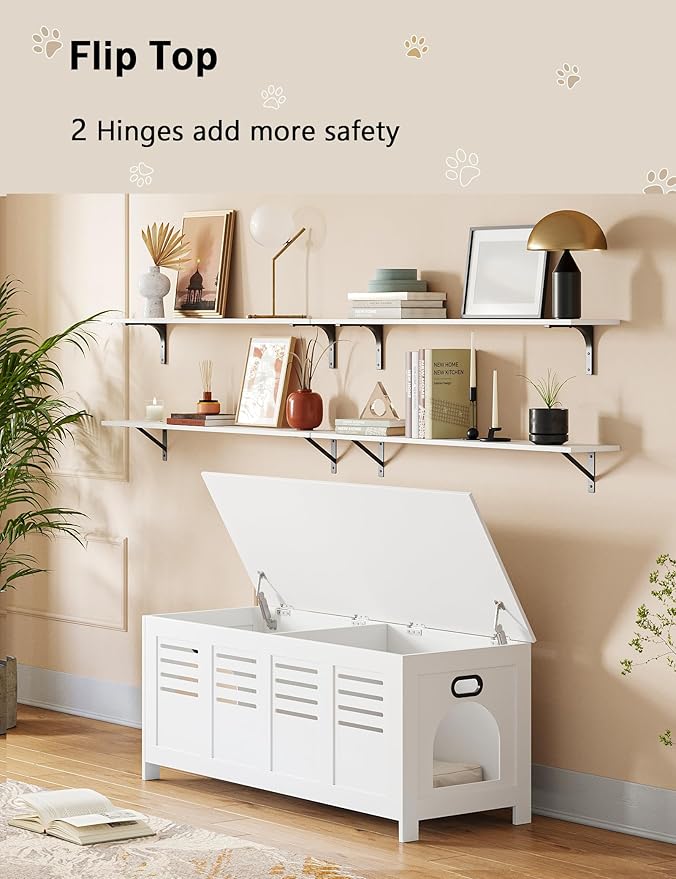 DINZI LVJ Litter Box Enclosure Furniture for 2 Cats, Top Opening Hidden Litter Box with Double Rooms, Dual Cat House with Good Ventilation, 47.2" Wooden Cat Washroom, White