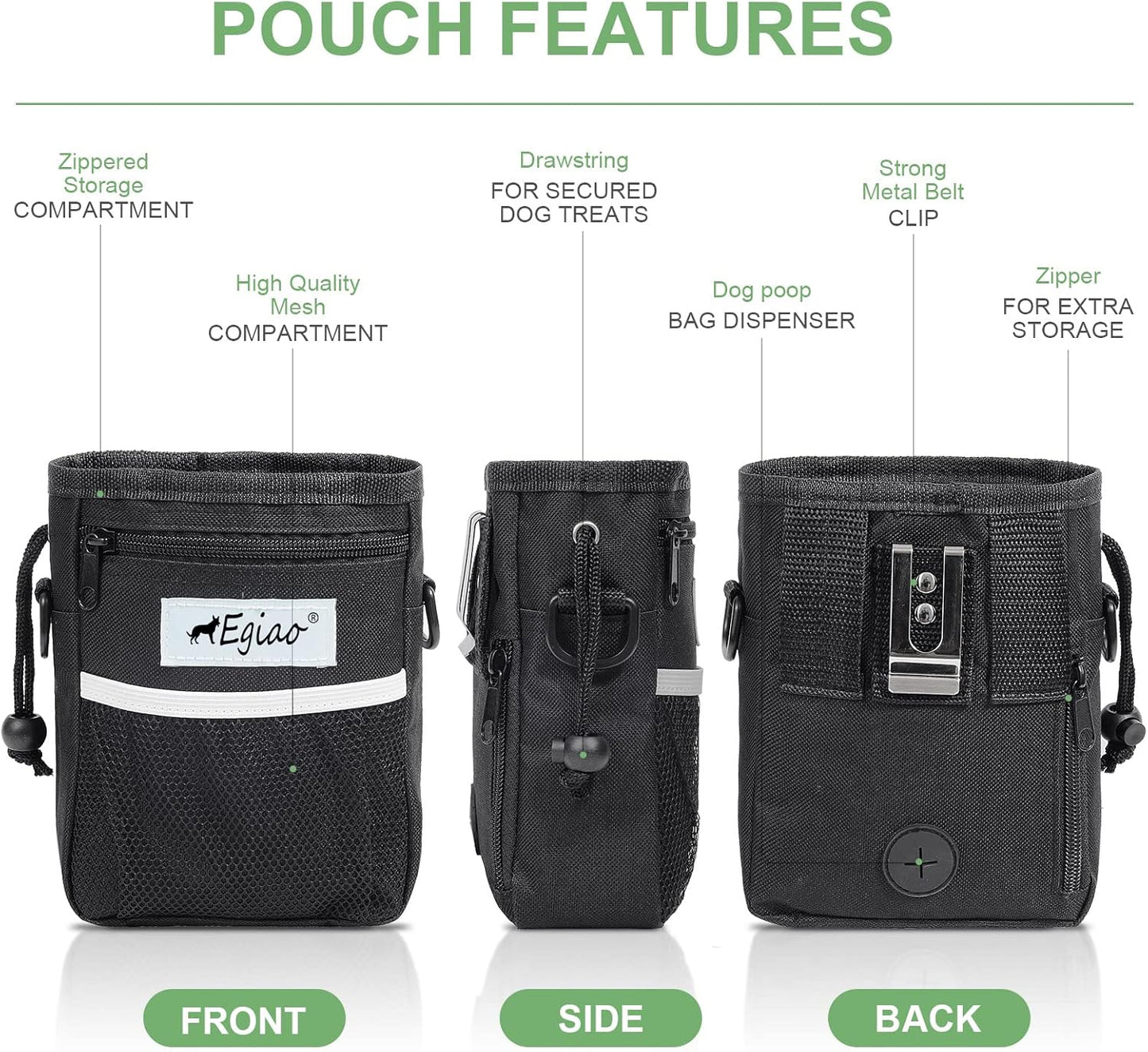 Dog Treat Pouch with Drawstring Closure, Puppy Training Bag, Built-in Pet Poop Bag Dispenser, Waist Belt Clip, 3 Ways to Wear