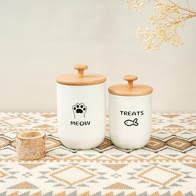 Cat Treat Container with Airtight Lid, Cat Food Oganizer Dry Food, Cat Food Storage Containers, Pet Treats Canister, Cat Treat Jar Set of 2-8.3x4.9 & 7.1x4.3 (White)