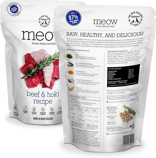 Meow Beef & Hoki Freeze Dried Raw Cat Food, Mixer, or Topper, or Treat - High Protein, Natural, Limited Ingredient Recipe 9.9 oz