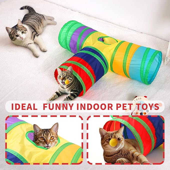 ‌Coolcandy Cat Tunnel & Interactive Cat Toy Indoor, T-Shape 3-Way Tunnel Toys for Indoor Cats, Collapsible Interactive Peekaboo Cave with Play Ball, for Multi-Way Play & Small Animals