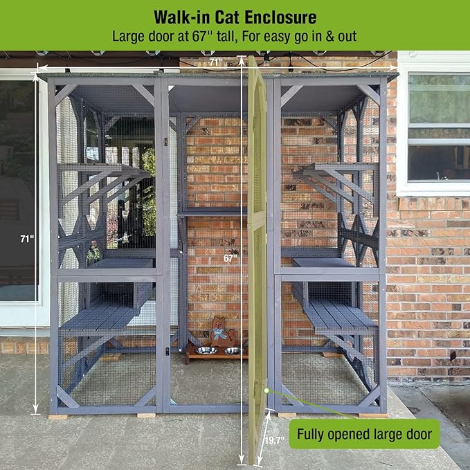 Gutinneen Catio Large Cat House Outdoor Walk in Outdoor Cat Enclosure Indoor Cage Kitty Condo Playpen with Door, Platform & Small House - 71"