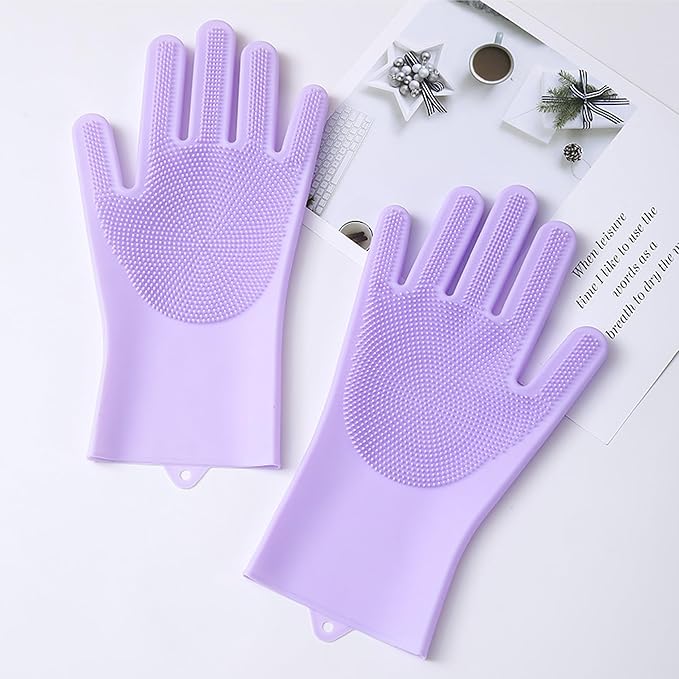 Pet Grooming Gloves，Heat-Resistant Silicone Gloves with High-Density Teeth for Enhanced Massaging and Bathing of Dogs and Cats (Purple, 1 Pair)