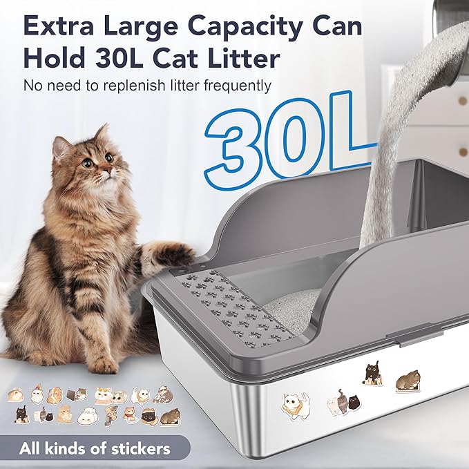UPSKY Stainless Steel Cat Litter Box with Lid, XL Large Metal Litter Box for Large Breeds, Enclosed Kitty Litter Pan with High Sides, Leak-Proof & Non-Stick, Easy to Clean, Scoop and Mat Included