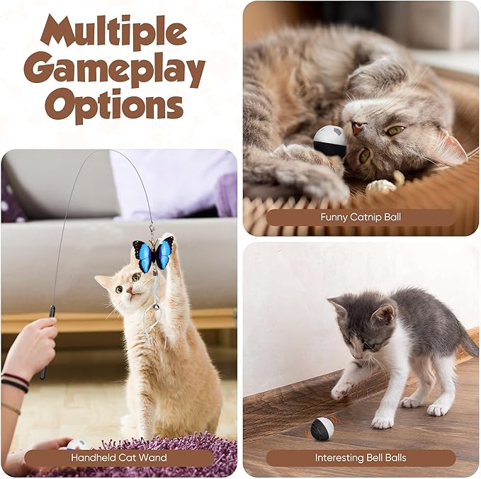 Cat Toys for Indoor Cats - Automatic Cat Dancer & Interactive Cat Toy Kit with Feather, Butterfly, Ribbon & Catnip Wand - Enrichment USB Rechargeable (Black)