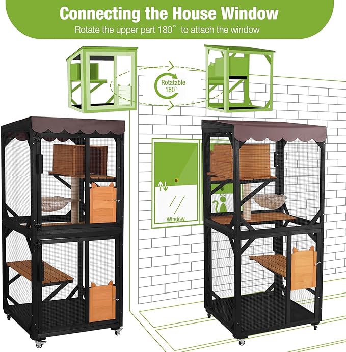 GUTINNEEN Catio Outdoor Cat Enclosure on Wheels - Outside Kitty House with Upgraded Resting Box, PVC Layer, and Waterproof Roof - 71.9" Black