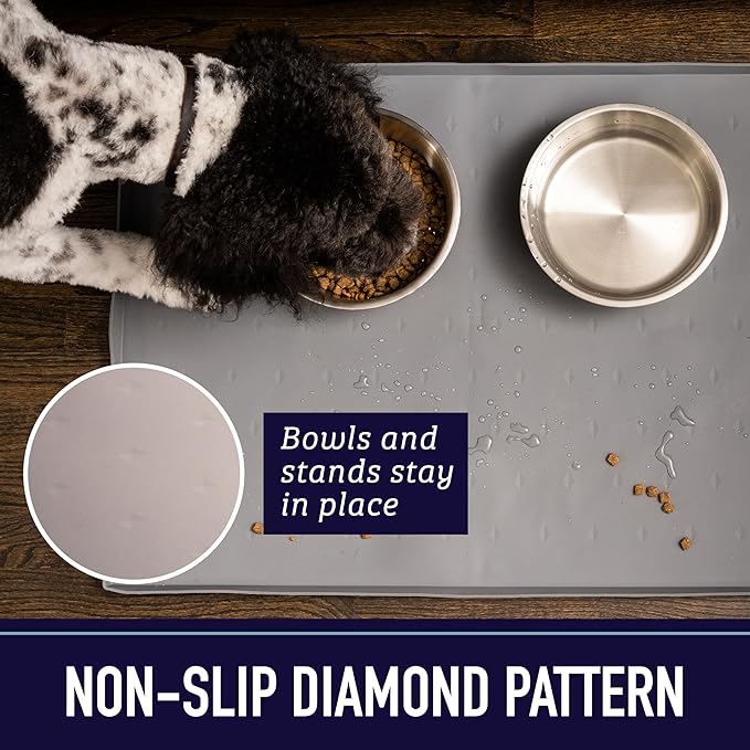 Leash Boss Dog Food Mat – Waterproof Silicone Pet Feeding Mat with Raised Edges for Dogs & Cats, Non-Slip Placemat for Food & Water Bowls, Spill-Proof Floor Protection,Easy to Clean(Black,ML-20"x13")