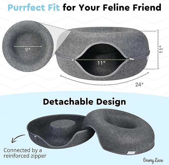 Emory Lane - Premium Cat Cave, Multifunctional Donut Tunnel Bed, Round Felt Cave with Zipper, for Pets up to 40 Lbs (24x24x11 Inch) (Dark Gray)