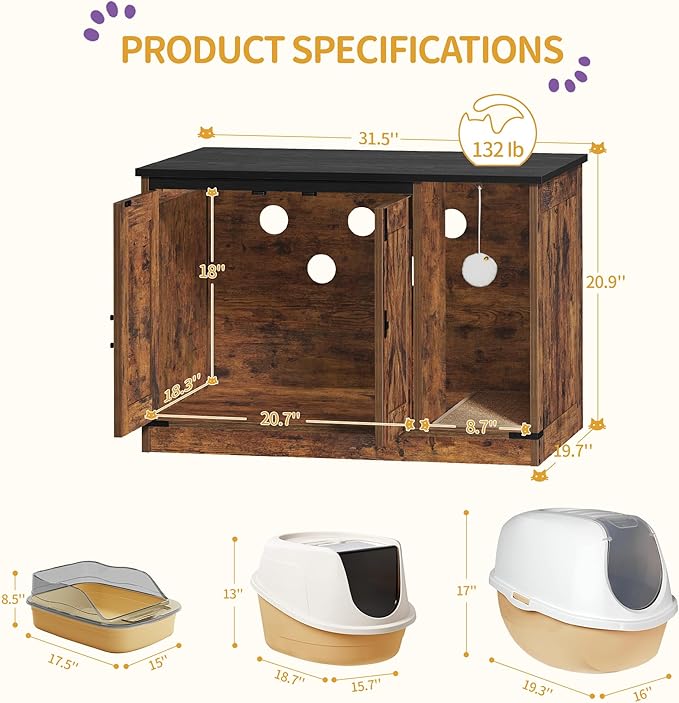 Cat Litter Box Enclosure, Hidden Litter Box Cabinet Furniture with Bell, Indoor Cat House, Farmhouse Style, 31.5 x 19.7 x 20.9Inches, for Hallway, Bedroom, Rustic Brown and Black CB82401X