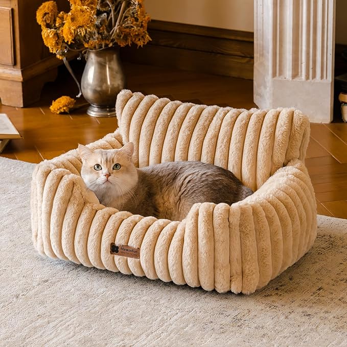 MEWOOFUN Cat Beds for Indoor Cats, Fluffy Cat Couch with Removable Washable Cover, Supportive Small Dog Beds for Puppy & Kitten up to 15 lbs (Camel, 24x19x12)