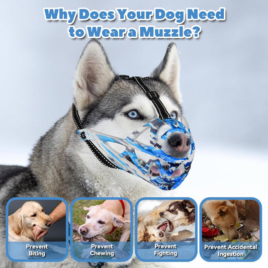 Dog Muzzle for Large Dogs, Medium and X-Large Aggressive Dog, Breathable Basket Muzzles, Suitable for Grooming Trimming Training, Allows Panting Drinking (Camouflage Blue, M)