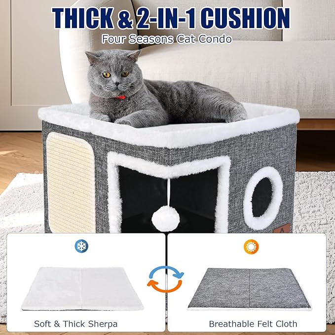 Cat Beds for Indoor Cats, Large Cat Cave Bed with Scratch Pad and Fluffy Ball, Foldable Cat Hideaway, Cat House with Reversible Cushion for Multi Small Pet Up to 30LBS, Grey