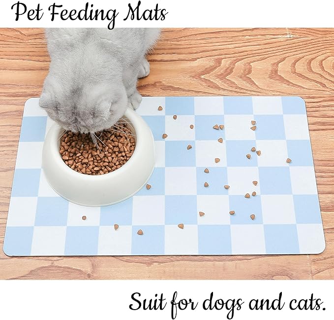 Ralxion Checkered Dog Feeding Mat, Absorbent Mats for Dog Food and Water Bowl, Dispenser, Retro Aesthetic Blue Checkerboard Pet Placemat for Dogs, Cats, Puppy Accessories, 12" X 19”
