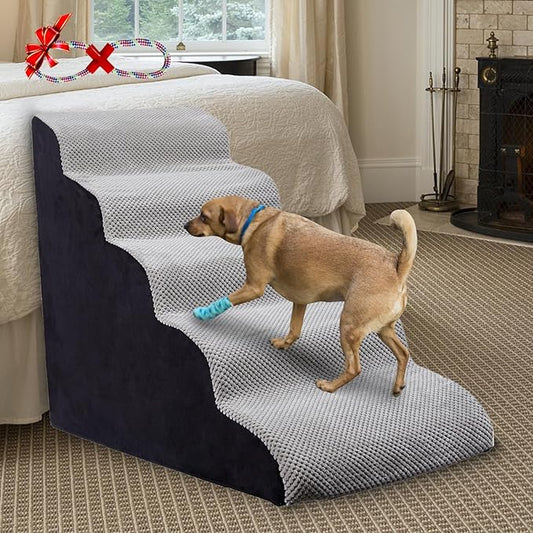 Dog Steps for Bed 24.4" High, Curved 5-Step Dog Stairs for Small Medium Dogs, PetDog Steps for Beds/Couch 22-26 in, Non-Slip Dogs Ramp with 35D High-Density Foam, Grey