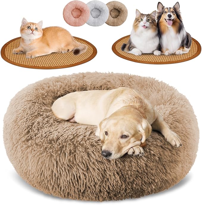 Calming Donut Dog Bed Medium Size Removable Cover + 2 PCS Cooling Rattan Pet Mat, Fluffy Comfort Anti-Anxiety Washable Round Pets Bed with Double-Sided Cool Pad for Medium Dogs/Cat, 31" Khaki