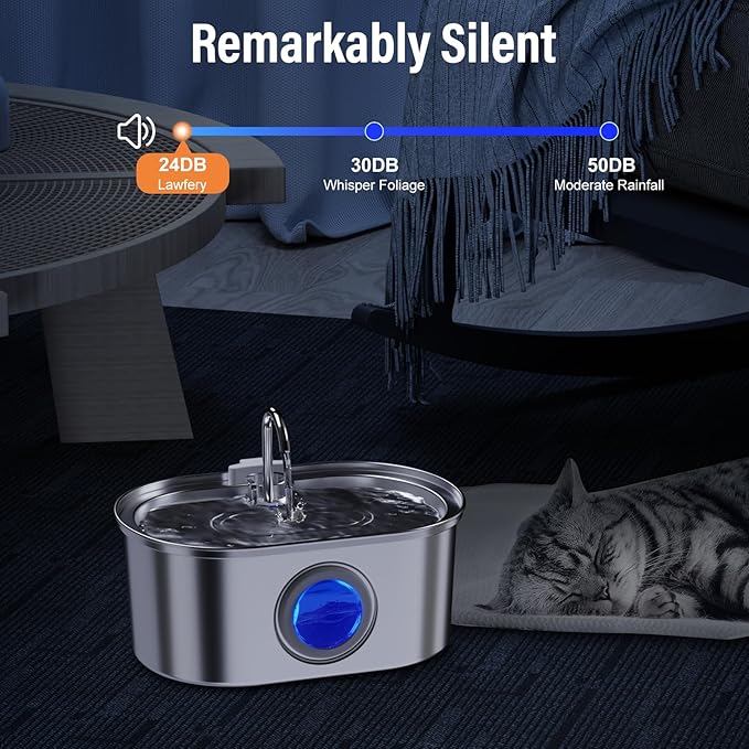 Automatic Cat Water Fountain Stainless Steel, 0.8gal/108oz Pet Water Fountain, 3 Replacement Carbon Filters, Quiet Pump, Suitable for Cats, Dogs and Multi-pet households (Elliptical)