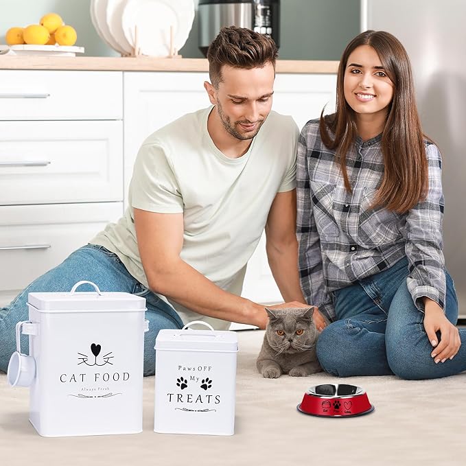 Meraki Home Farmhouse Cat Food and Treats Containers + Feed Scoop + Pet Food Bowl - Tight Lids - Large Metal Storage Bin - Great Gift for Cute Pets (Glossy White)
