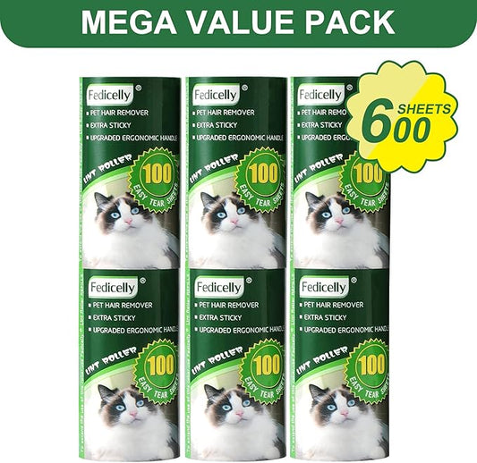 Fedicelly Lint Rollers Pet Hair Extra Sticky Refills,Mega Value Set 600 Sheets for Cat and Dog Hair Removal,100 Sheets Per Roller (Pack of 6)