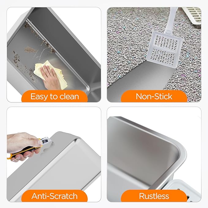 Citylife Stainless Steel Cat Litter Box with Lid，XL Extra Large Enclosed Removable Metal Litter Box with Litter Scoop&Double Layer Litter Mat,Non-Sticky，Non-Odor,Easy Cleaning, for Big Cats，Grey