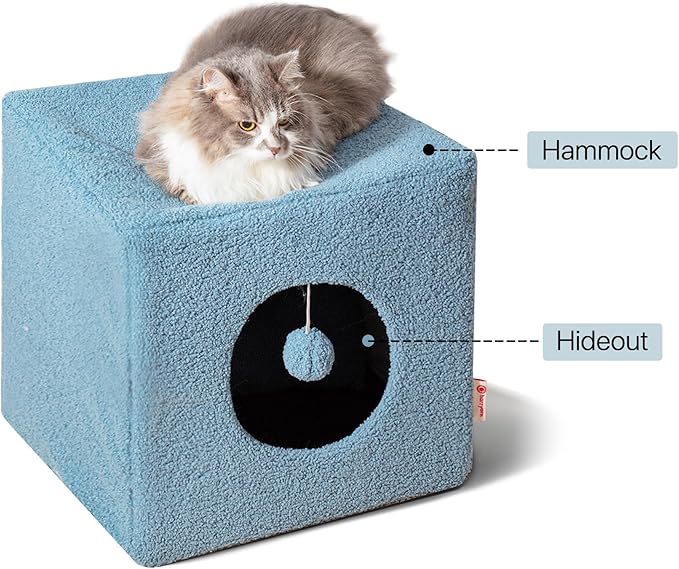 Cat House for Indoor Cats, Fluffy Large Cube Cat Cave Bed, Perfect Hideaway for Multiple Cats & Small Pets, Detachable Sherpa Cover 16 Inches