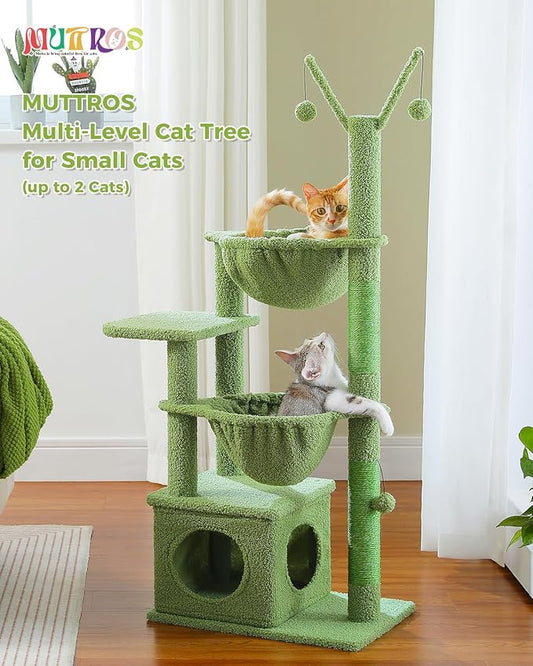 Cactus Cat Tree, 47.6" Cat Tower with 2 Metal Frame Hammock, Cat Scratching Post for Indoor Cats with 2 Removable Pompom Sticks for Kittens, Green