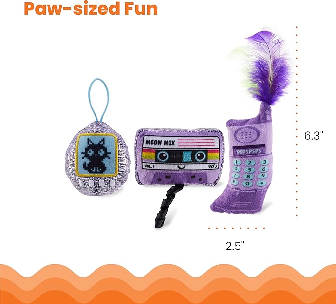 Catstages So Meowsome 90s Cat Toys, 3-Pack Catnip Plush Toys with Crinkle, Feathers & Dental Mesh, Multicolored