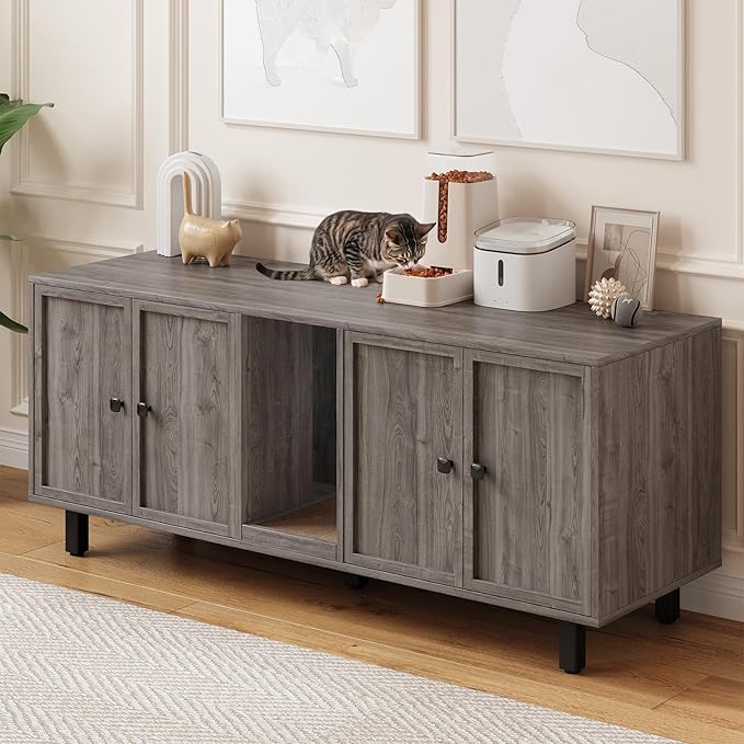 59 Inches Cat Litter Box Enclosure for 2 Cats, Hidden Litter Boxes Furniture with Cat Scratch Pad, Large Indoor Pet House with Double Room, Wooden TV Stand Side Table, Grey