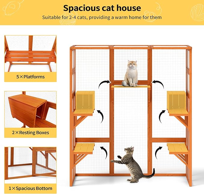 71Inches Large Wood Catio Outdoor Cat Enclosure with Perches and Condos, Cat House Indoor with Waterproof Roof, Cat Shelter 7 Platforms & 2 Resting Box, UV Resistant (Orange)