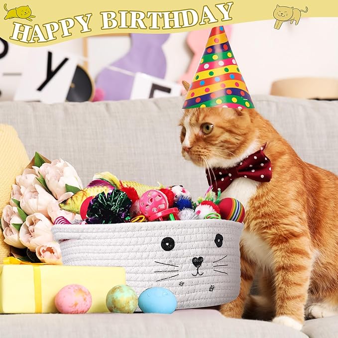 Zopeal 58 Pcs Cat Storage Basket Gift Toys Set, Colorful Flashing Balls Pet Bell Crinkle Balls Spring Toys Attract Cat to Swat, Bite, Hunt, Interactive for Pet(White,9.8 Inch)