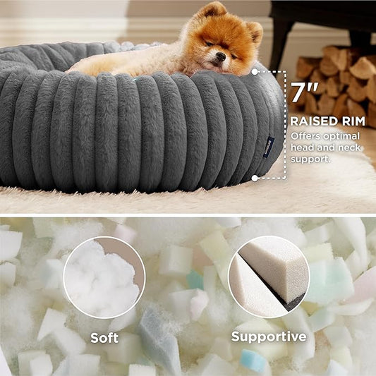 Bedsure Donut Small Dog Bed - Dog Beds for Small Dogs with Corduroy Fleece & Anti Slip Bottom, Round Faux Fur Pet Beds with Washable Removable Cover, Warm Grey, 23x23x7 inches