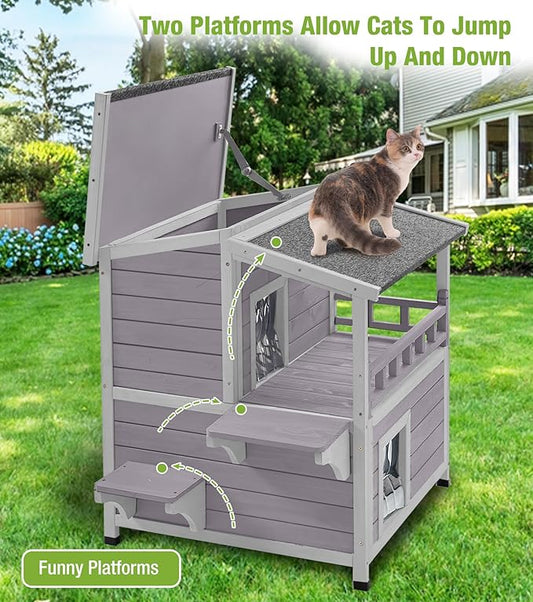 GUTINNEEN Outdoor Cat House Weatherproof, Feral Kitty House Cats Enclosure with Balcony, Wooden Kitty Shelter Waterproof