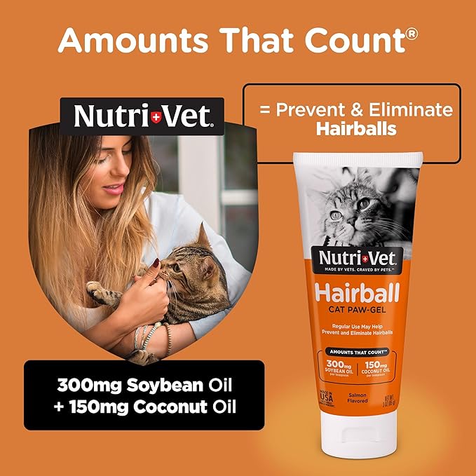 Nutri-Vet Hairball Paw Gel, Cat Hairball Remedy, Kitten Supplies, Hair Ball Relief for Cats, Fur Ball Remedy, Soybean & Coconut Oil, Salmon Flavor, 3 oz