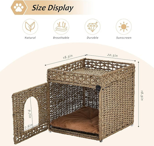 Pet Cat House, Handwoven Seagrass Cat Cave Pet Cube, Cat Beds Indoor Cat Hideaway with Double-Sided Soft Cushions Foldable for Multi Small Pet in Living Room Bedroom