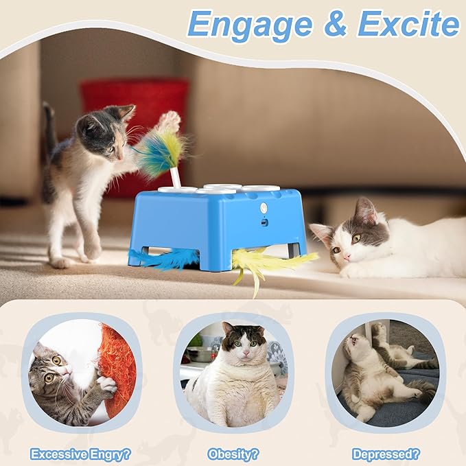 Cat Toys, Interactive Cat Toys, 2-in-1 Moving Concealed Feathers, 4 Holes Mice Whack A Mole Cat Kitten Toy Exercise Toys for Indoor Bored Adult Cats, USB Rechargeable Electronic Kitten Toys (Blue)