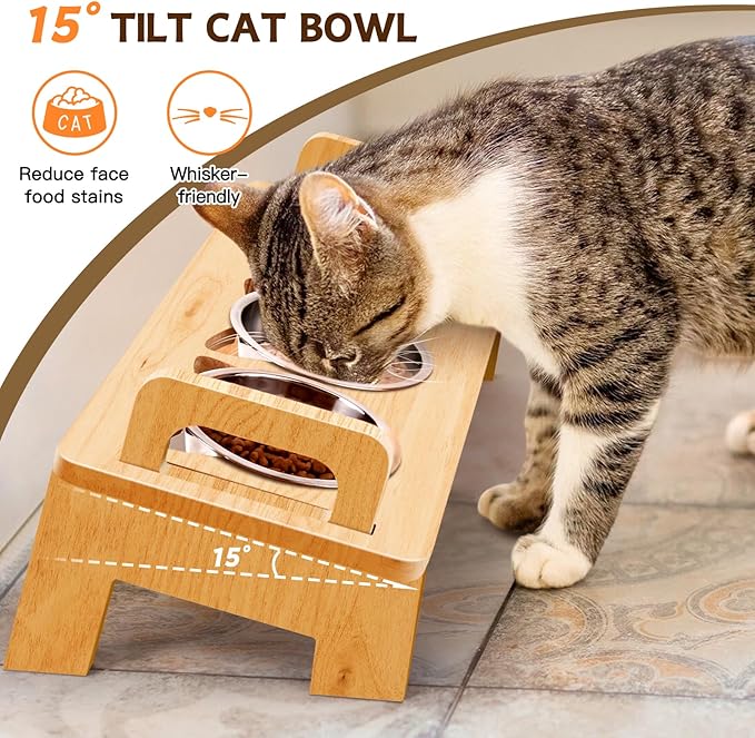 Elevated Cat Food Bowl, 3 Stainless Steel Raised Cat Bowls with Stand, 15°Tilted Cat Bowl for Small Dog, Cat Food and Water Bowl Set, Anti Vomitting, Whisker Fatigue and Dishwasher Safe - Natural