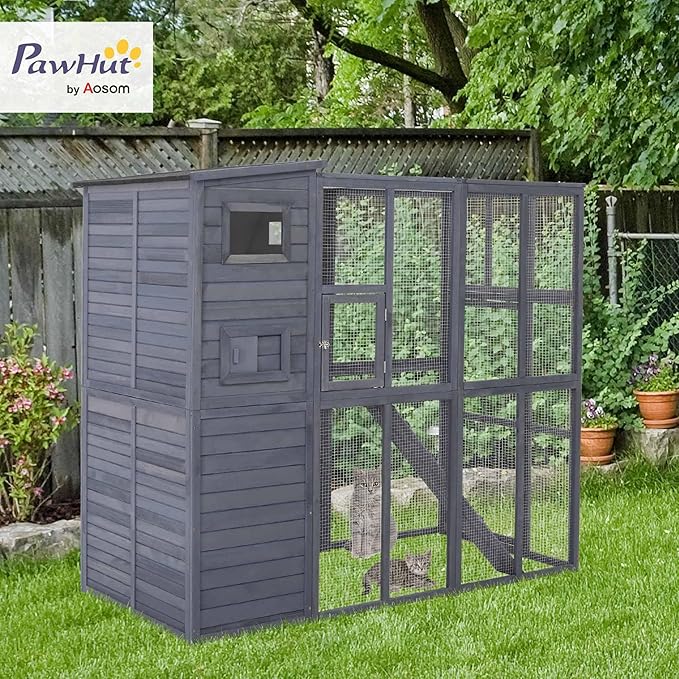 PawHut Outdoor Catio, Cat House Wooden Feral Cat Shelter, Cat Cage with Platforms, Waterproof Asphalt Roof, Ramps, 77" L, Gray