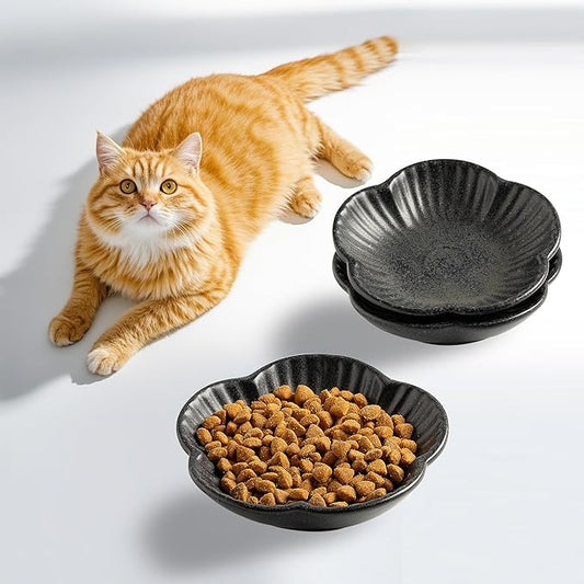 Cat Food Bowls, Ceramic Cat Plates, Dish for Food, Water and Snack, 4.72 Inch, Indoor and Outdoor Use, Kitten Puppy and Small Animals Bowls Set of 3 (Black)