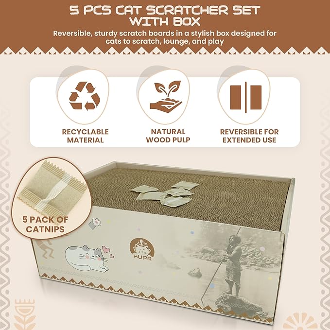 5 PCS Cat Scratching Boards | Reversible Cardboard Cat Scratcher with Catnip | Corrugated Cardboard cat Scratcher | Indoor Cat Scratch Pad | Durable Cat Scratcher Box | 16.34" L x 11.42" W x 5.51" H