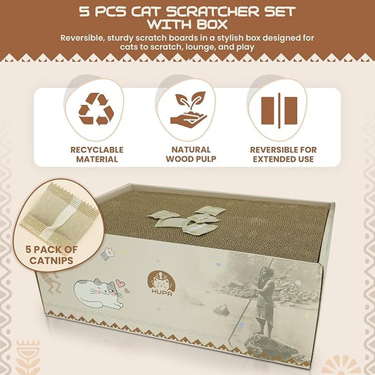 5 PCS Cat Scratching Boards | Reversible Cardboard Cat Scratcher with Catnip | Corrugated Cardboard cat Scratcher | Indoor Cat Scratch Pad | Durable Cat Scratcher Box | 16.34" L x 11.42" W x 5.51" H