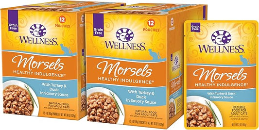 Wellness Healthly Indulgence Morsels Adult Wet Cat Food, Natural, Protein-Rich, Grain Free, 3 Ounce Pouch, 24 Pack, (Turkey & Duck)