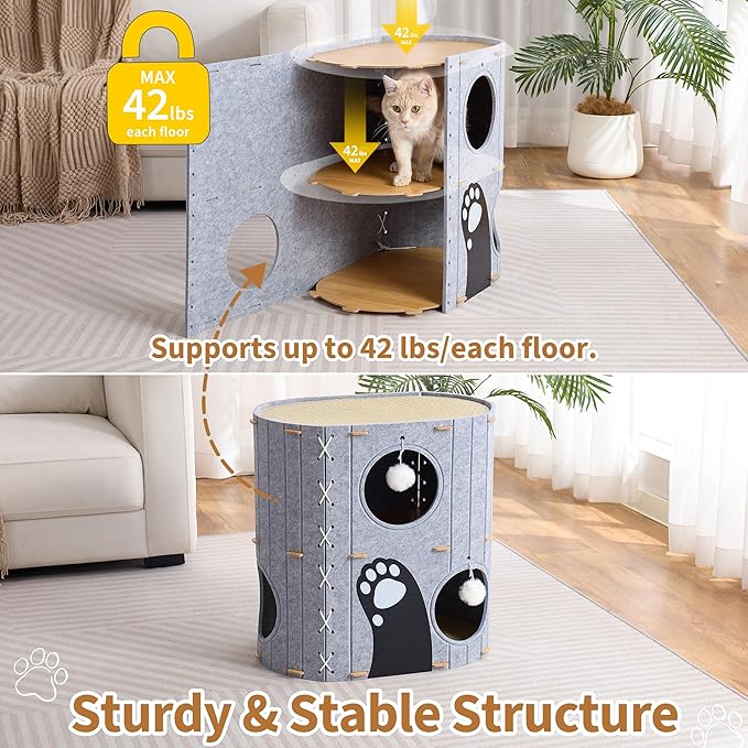 Cat House for Indoor Cats,2-Storey 23" x 15" x 23" Large Felt Covered Cat Cave for Multiple Cats,Clawsable Enclosed Cat Hideout Houses&Condos with Fluffy Ball, Cozy Scratch Resistant House