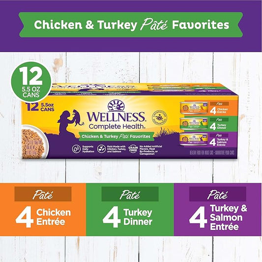 Wellness Complete Health Chicken & Turkey Pate Favorites Variety Pack, 5.5 Ounces Can (Pack of 12)